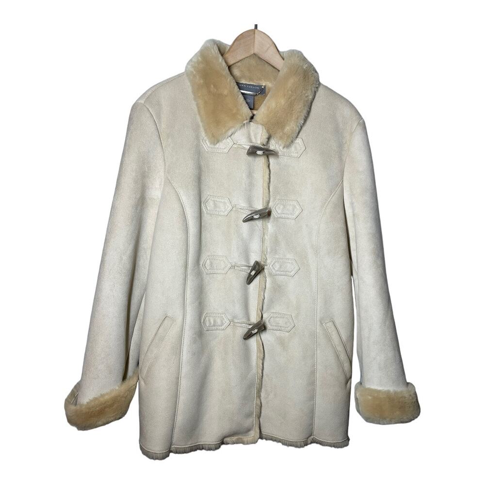 Ann Taylor Vegan Suede Fur Lined Coat Toggle Tan Neutral Cozy Jacket XL Faux